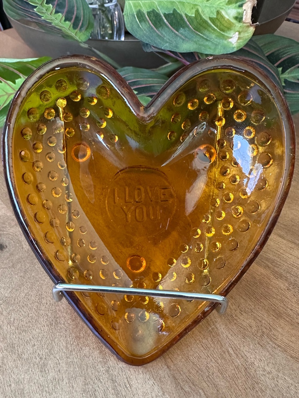 Vintage Amber Glass Heart Trinket Dish, Embossed I Love You Hobnail Ring Tray